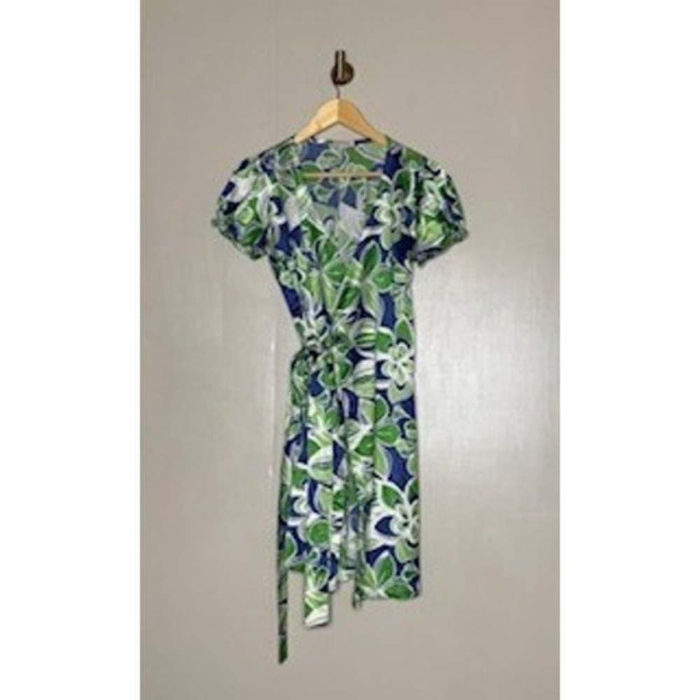 Vintage Green Blue Tropical Floral Wrap Dress True Wrap Silk Feel